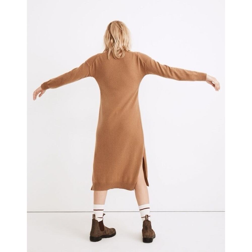 Madewell (Re)sourced Cashmere Wool V-Neck Midi Dress S Camel Tan Quiet Luxury - Picture 3 of 13